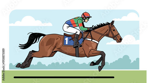 Illustration of a jockey riding a horse in a race, with the horse in full stride and the jockey leaning forward