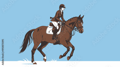 Dynamic illustration of a female rider on horseback, showing elegant canter and athletic skill. Capturing the essence of equestrian sport