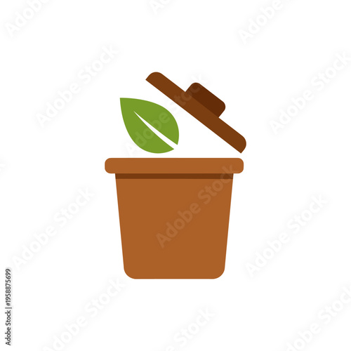 flat minimalist icon of compost bin with leaf, solid earthy colors