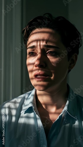 Womans face with shadows from blinds, expressing sadness and worry.