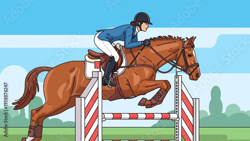 Equestrian athlete skillfully riding a horse over a jump in a competitive show jumping event