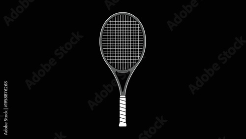 Monochrome illustration of a classic tennis racket isolated on a black background, a minimalist design concept for sports and athletic activities