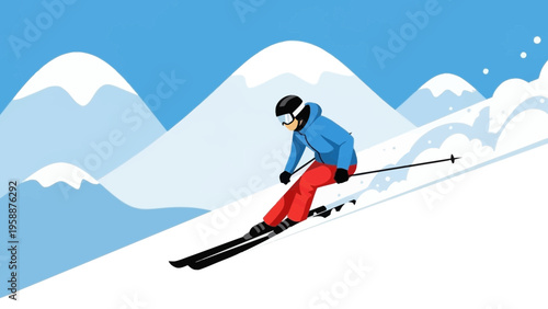 Exciting downhill skiing adventure with a person gracefully skiing down a snowy mountain slope, capturing the thrill of winter sports and outdoor recreation