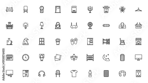 Bedroom icon set. Minimal vector icons pack for interior design and home decor. Includes bed, chair, clock, door, lamp, mirror, wardrobe, plant and more. Editable stroke.