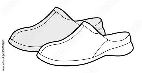 Clog sandal shoe women sketch pair. Closed toe rubber sandal for casual summer outfit beach walk. Technical fashion illustration CAD mockup vector man unisex isolated classic style.