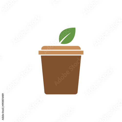 flat minimalist icon of compost bin with leaf, solid earthy colors