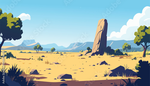 Minimal desert scene featuring large stone pillar surrounded by sand rocks and soft clouds under bright sky
