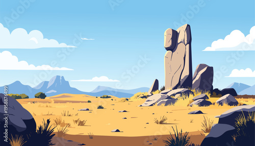 Sunny desert landscape with tall rock formation standing on dry grassland distant mountains