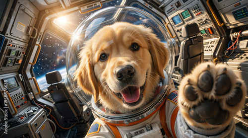 Golden retriever dog wearing an astronaut suit and helmet inside a spaceship cockpit. Smiling pet exploring outer space with earth and stars visible through the window