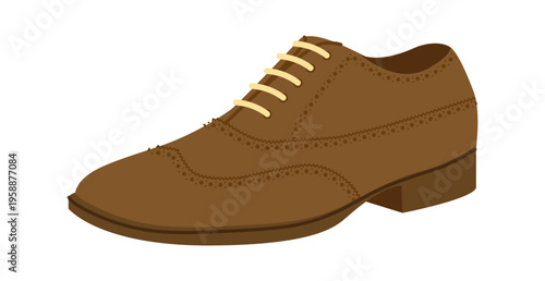 Wingtip mens brown flat brogue shoe. Perforated leather footwear with classic wingtip detail smart dress style. Technical illustration CAD mockup sketch vector women unisex outline isolated.