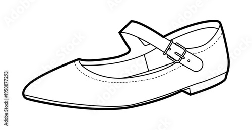 Mary Jane flat shoe women single line. Strap front pointed toe footwear for daytime event relaxed look. Technical fashion illustration CAD mockup clean vector man unisex isolated modern style.
