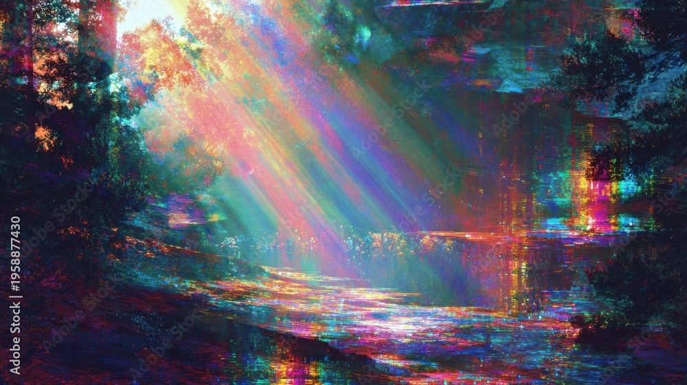 Fototapeta premium Colorful light rays over reflective water in forest scene
