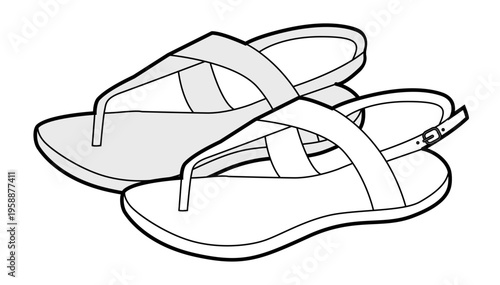 Thong sandal shoe women sketch pair. Ankle strap flip flop sandal for beach summer outfit. Technical fashion illustration CAD mockup vector man unisex isolated classic style.