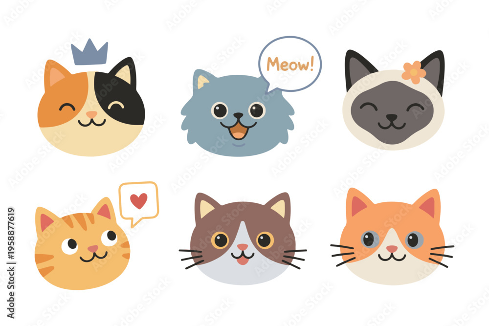 Fototapeta premium Cute Cat Faces Collection with Various Breeds and Colors, Calico, Ginger, Grey, and Siamese Kitty Expressions, Flat Vector Illustration for Stickers