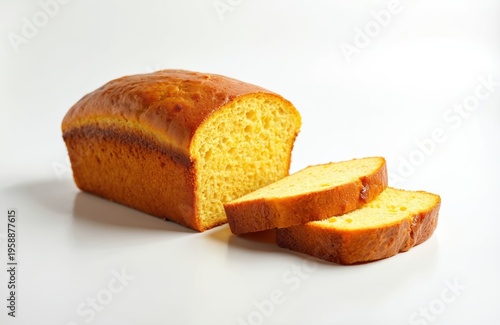 Golden yellow cornbread loaf with two slices cut. Soft texture inside, crusty exterior. Perfect for baking, food blogs, or rustic meals. Delicious baked goods for home.