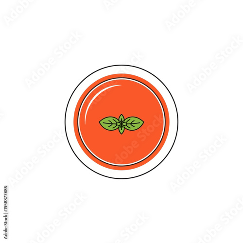 Delicious tomato soup with fresh basil leaf garnish, a vibrant and appetizing top-down view of a healthy meal