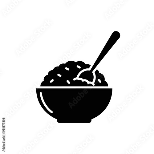 Simple black vector icon of a food bowl with a spoon, representing a prepared meal, breakfast, or healthy eating, ideal for modern culinary graphic design