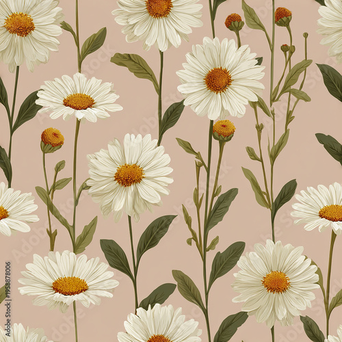 White daisy flowers with yellow centers and green leaves on beige background create modern cottagecore aesthetic floral pattern full of natural beauty and calm elegance