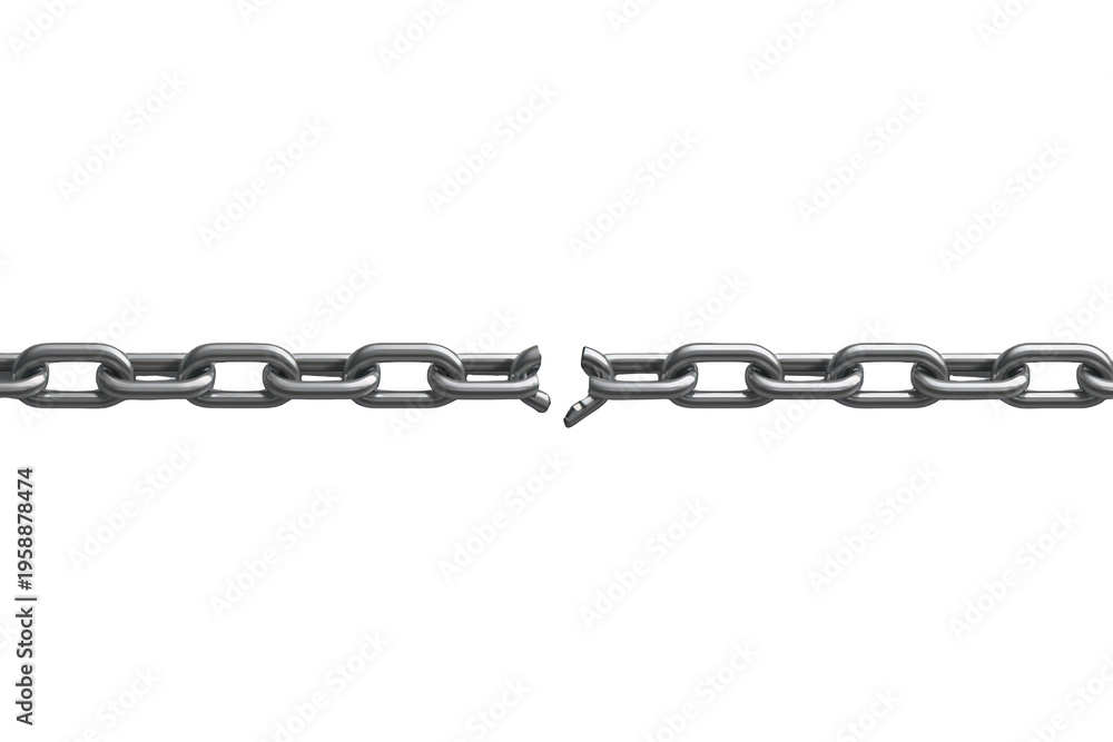 Fototapeta premium Broken metal chain with one link separated, symbolizing freedom, liberation, breaking free, or a weak link on transparent background