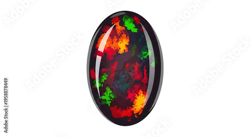 A colorful opal gemstone with vibrant red, orange, yellow, and green hues on a white background