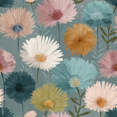 Modern pastel bloom pattern seamless repeat tile stylize with soft pink, blue, white, orange, and green flowers on muted teal background creating calm and elegant floral design