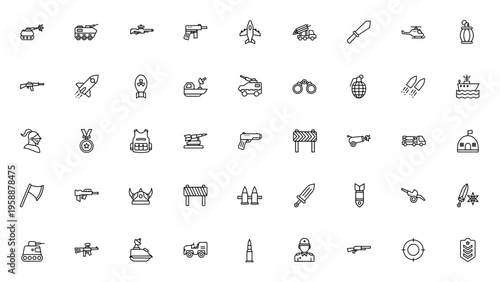 War icon set. Military vector icons pack. Includes cannon, gun, fighter jet, tank, rocket, sword, medal, soldier and more. Editable thin line icons.