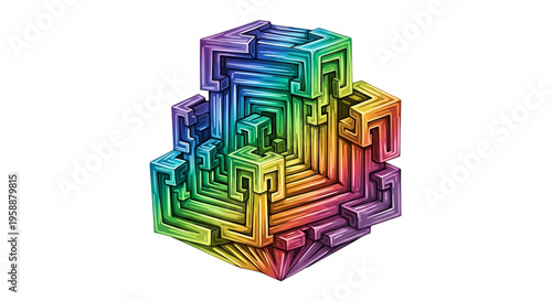 A vibrant, rainbow-colored 3D maze illustration with a complex, interconnected design