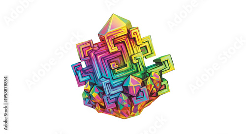 A vibrant, colorful 3D maze illustration with a crystal-like structure on a white background