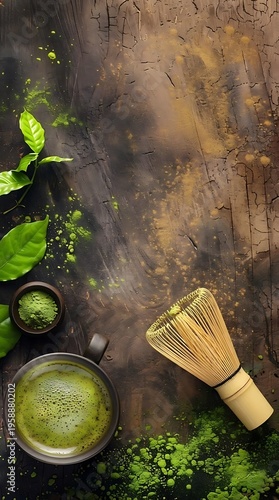 Traditional Matcha Green Tea Preparation with Bamboo Whisk and Organic Powder on Dark Rustic Surface for Wellness and Zen Health Lifestyle Concept