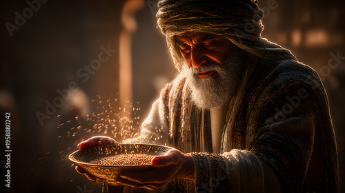 Ancient Wisdom Embodied: A venerable figure, exuding the wisdom of ages, gently sifts through golden grains, as if holding the secrets of the past within his hands.