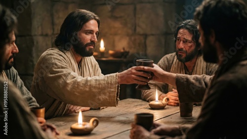 Cinematic shot of Jesus sharing the goblet of red wine with disciples at Passover supper, holy communion
