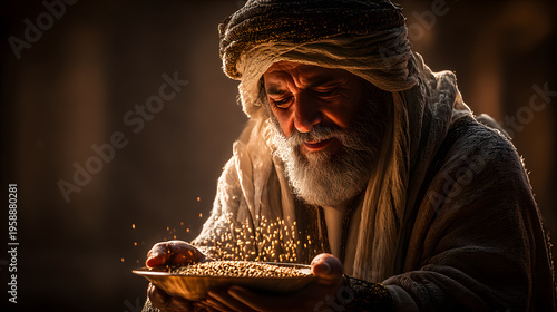 The Blessing of the Harvest: A venerable figure, cloaked in ancient attire, delicately sifts grains in a weathered bowl, illuminated by a warm, golden light.