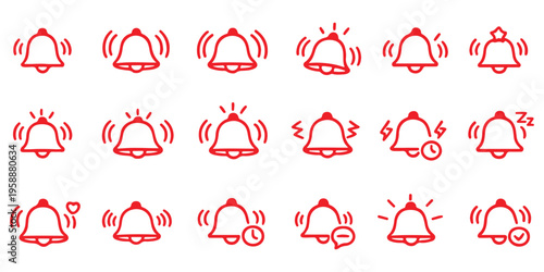 Notification bell icon set. Incoming inbox message. Ringing bell, reminder or subscriber sign for apps, smartphone, alarm alert.