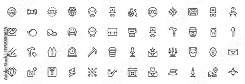 Hipster icon set. Retro vector illustrations. Includes bow tie, mustache, bicycle, cassette, monocle, fountain pen, vintage items and more. Editable stroke.