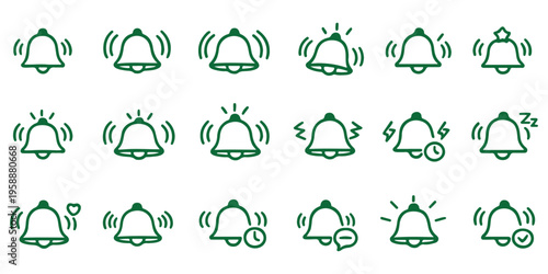 Notification bell icon set. Incoming inbox message. Ringing bell, reminder or subscriber sign for apps, smartphone, alarm alert.