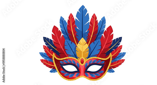 A colorful masquerade mask with feathers is shown in this vibrant illustration.