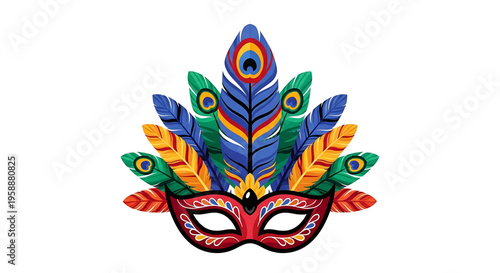 A vibrant, colorful masquerade mask with feathers and intricate designs, perfect for Mardi Gras or Carnival celebrations.