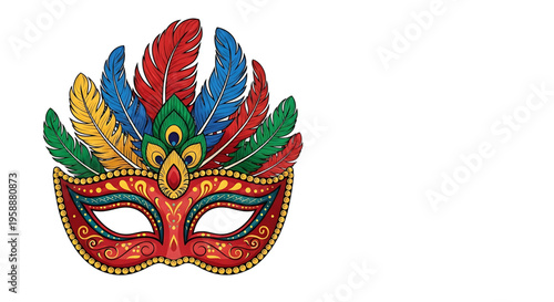 A colorful masquerade mask with feathers and ornate designs on a white background