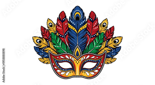 A colorful masquerade mask with feathers and dots on a white background, perfect for Mardi Gras or Carnival celebrations