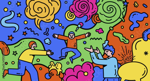 Three people interacting in a vibrant, abstract, and colorful environment.