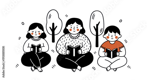Three people sitting cross-legged and reading books outdoors under trees.