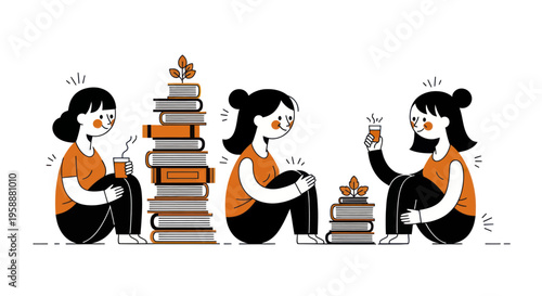 Three girls reading books and enjoying hot drinks.
