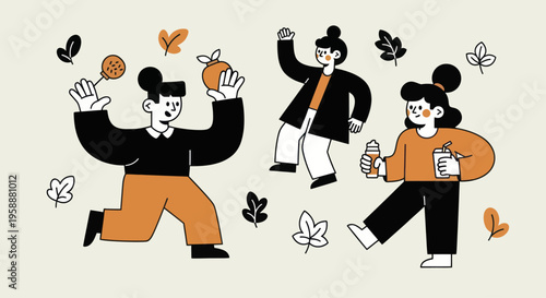 Three happy people celebrating autumn with fall leaves and seasonal items.