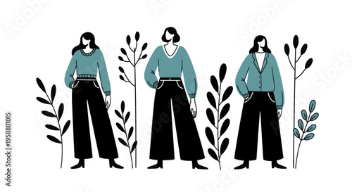 Three stylish women in casual attire standing among plants, showcasing modern fashion.