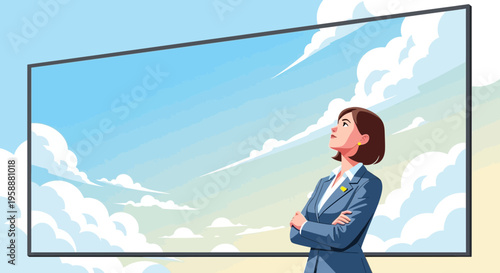 A Businesswoman Gazes Towards a Vast Sky Displayed On A Large Screen