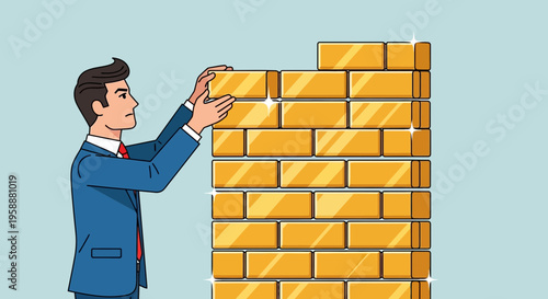 A Businessman Building A Gold Brick Wall