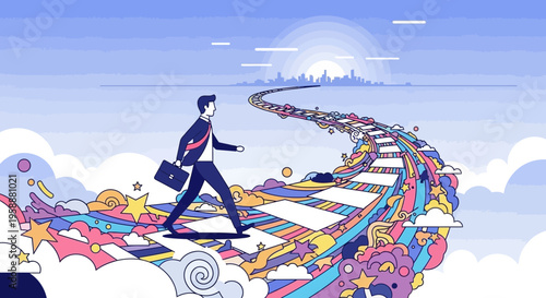 A Businessman Walks On A Colorful Path Towards A City Skyline