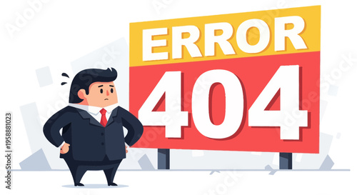 Confused Businessman Encounters 404 Error Page Digital Illustration
