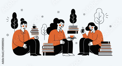 Three women enjoying a relaxed reading and coffee break together.