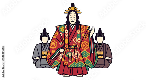 A colorful illustration of a Japanese emperor and attendants in traditional clothing